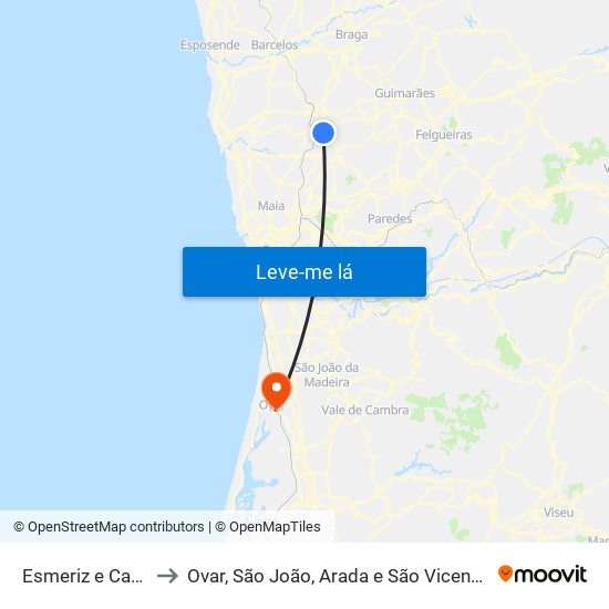 Esmeriz e Cabeçudos to Ovar, São João, Arada e São Vicente de Pereira Jusã map