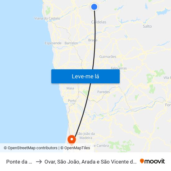 Ponte da Barca to Ovar, São João, Arada e São Vicente de Pereira Jusã map