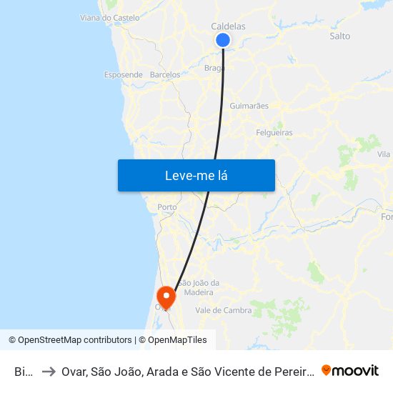 Bico to Ovar, São João, Arada e São Vicente de Pereira Jusã map