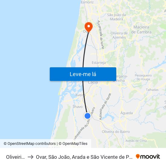 Oliveirinha to Ovar, São João, Arada e São Vicente de Pereira Jusã map