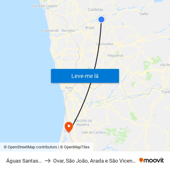 Águas Santas e Moure to Ovar, São João, Arada e São Vicente de Pereira Jusã map