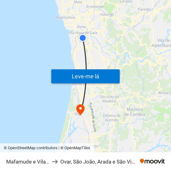 Mafamude e Vilar do Paraíso to Ovar, São João, Arada e São Vicente de Pereira Jusã map