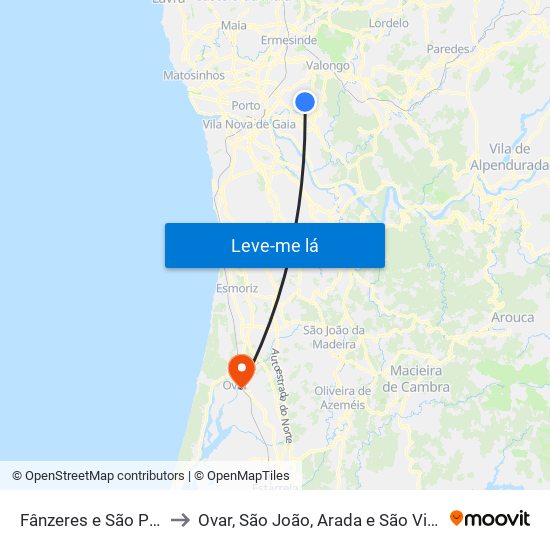 Fânzeres e São Pedro da Cova to Ovar, São João, Arada e São Vicente de Pereira Jusã map