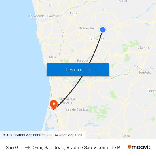 São Gens to Ovar, São João, Arada e São Vicente de Pereira Jusã map