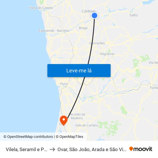 Vilela, Seramil e Paredes Secas to Ovar, São João, Arada e São Vicente de Pereira Jusã map