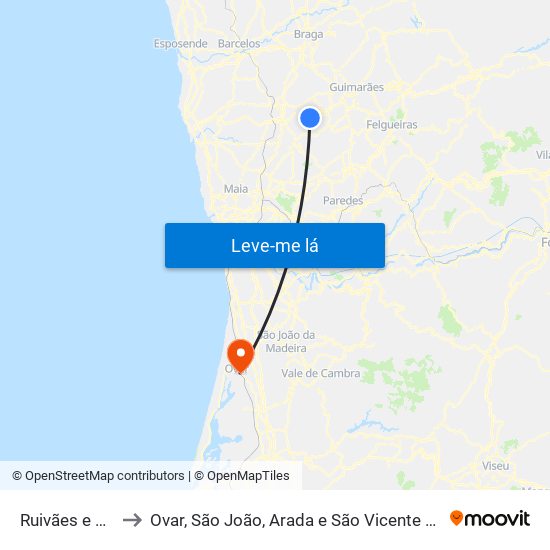 Ruivães e Novais to Ovar, São João, Arada e São Vicente de Pereira Jusã map