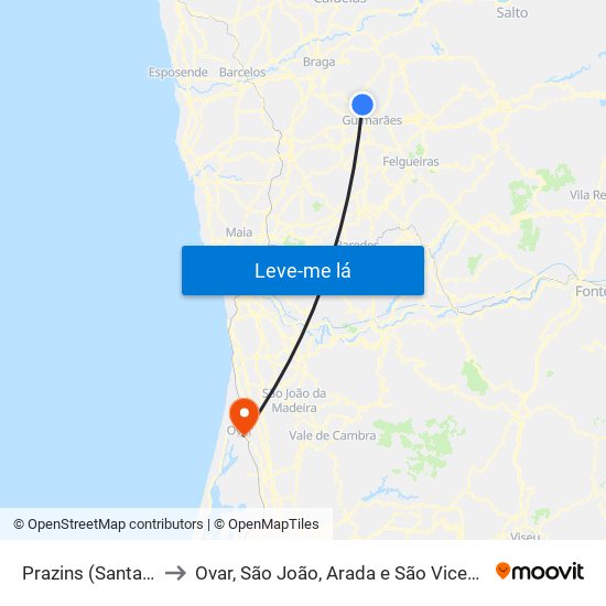 Prazins (Santa Eufémia) to Ovar, São João, Arada e São Vicente de Pereira Jusã map