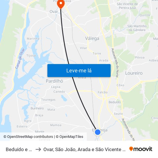 Beduído e Veiros to Ovar, São João, Arada e São Vicente de Pereira Jusã map