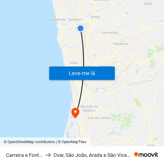 Carreira e Fonte Coberta to Ovar, São João, Arada e São Vicente de Pereira Jusã map