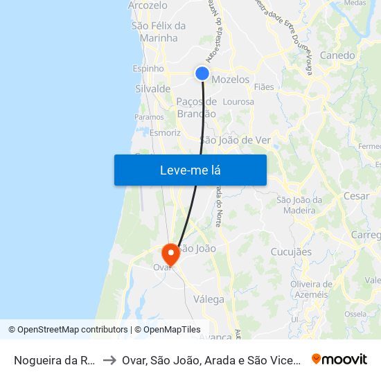 Nogueira da Regedoura to Ovar, São João, Arada e São Vicente de Pereira Jusã map