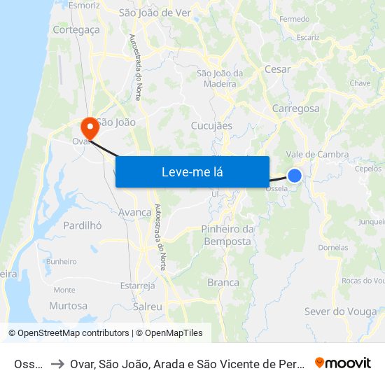 Ossela to Ovar, São João, Arada e São Vicente de Pereira Jusã map