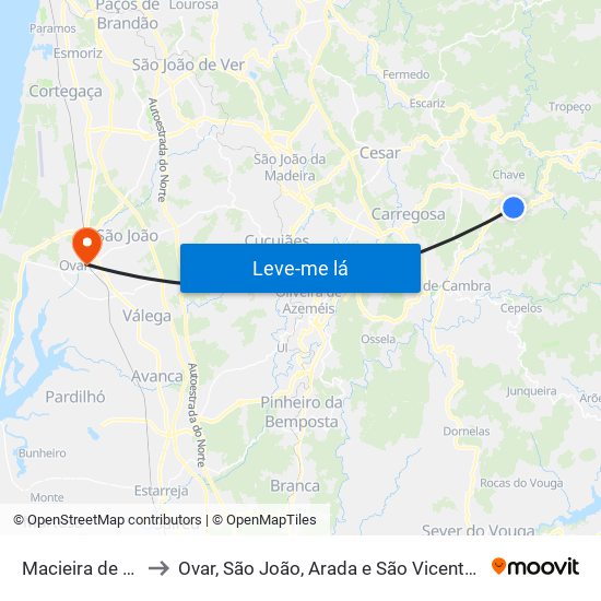 Macieira de Cambra to Ovar, São João, Arada e São Vicente de Pereira Jusã map