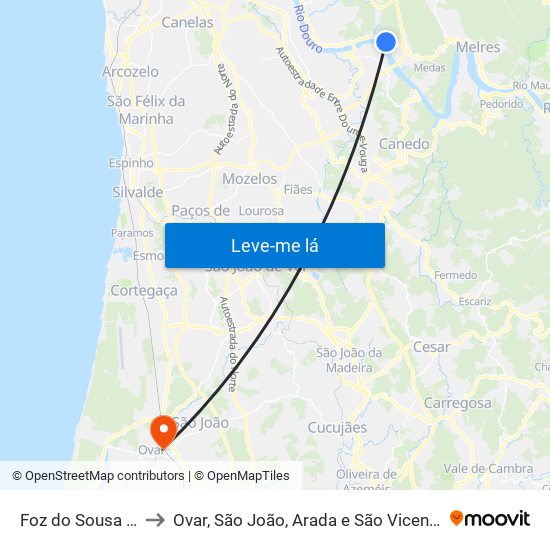 Foz do Sousa e Covelo to Ovar, São João, Arada e São Vicente de Pereira Jusã map