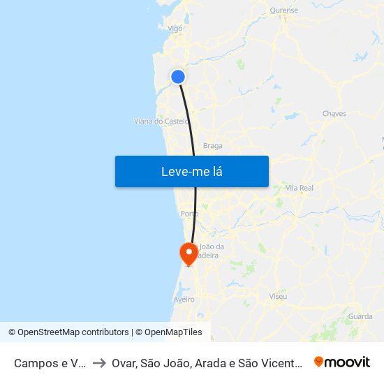 Campos e Vila Meã to Ovar, São João, Arada e São Vicente de Pereira Jusã map