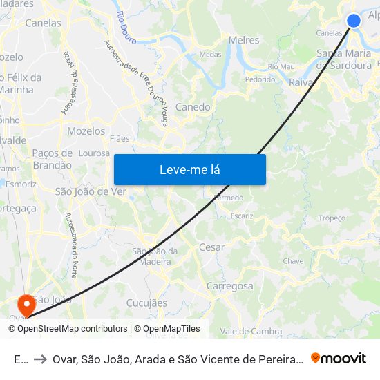 Eja to Ovar, São João, Arada e São Vicente de Pereira Jusã map