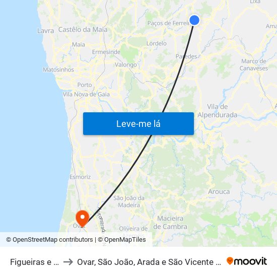 Figueiras e Covas to Ovar, São João, Arada e São Vicente de Pereira Jusã map