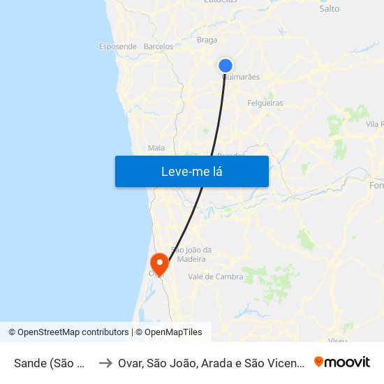 Sande (São Martinho) to Ovar, São João, Arada e São Vicente de Pereira Jusã map