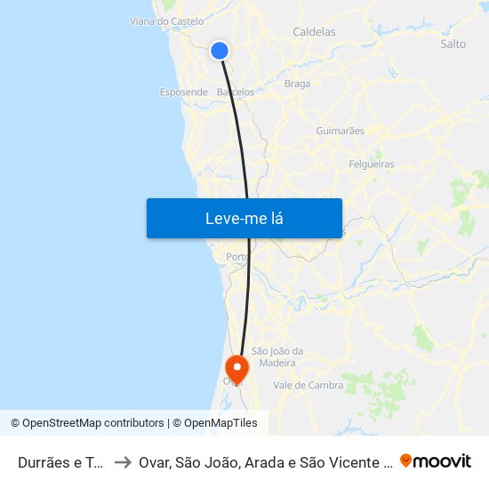 Durrães e Tregosa to Ovar, São João, Arada e São Vicente de Pereira Jusã map