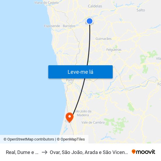 Real, Dume e Semelhe to Ovar, São João, Arada e São Vicente de Pereira Jusã map