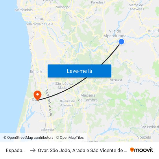 Espadanedo to Ovar, São João, Arada e São Vicente de Pereira Jusã map