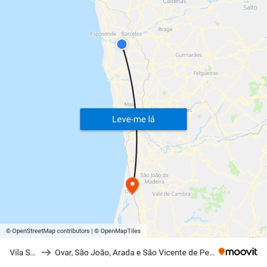 Vila Seca to Ovar, São João, Arada e São Vicente de Pereira Jusã map