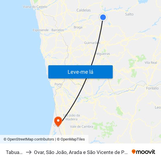 Tabuaças to Ovar, São João, Arada e São Vicente de Pereira Jusã map