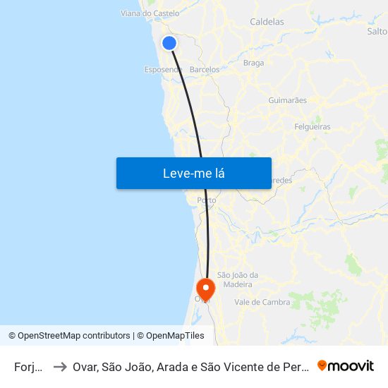 Forjães to Ovar, São João, Arada e São Vicente de Pereira Jusã map