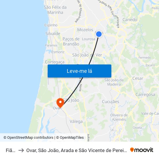 Fiães to Ovar, São João, Arada e São Vicente de Pereira Jusã map