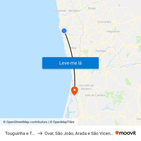 Touguinha e Touguinhó to Ovar, São João, Arada e São Vicente de Pereira Jusã map