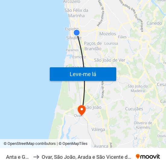 Anta e Guetim to Ovar, São João, Arada e São Vicente de Pereira Jusã map