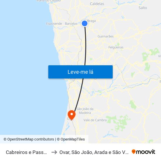 Cabreiros e Passos (São Julião) to Ovar, São João, Arada e São Vicente de Pereira Jusã map