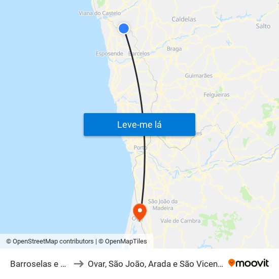 Barroselas e Carvoeiro to Ovar, São João, Arada e São Vicente de Pereira Jusã map