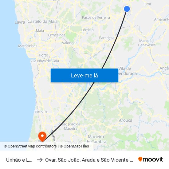 Unhão e Lordelo to Ovar, São João, Arada e São Vicente de Pereira Jusã map