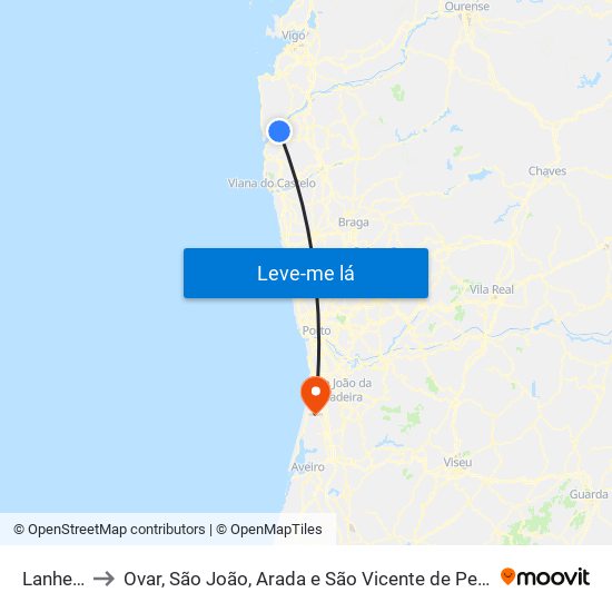 Lanhelas to Ovar, São João, Arada e São Vicente de Pereira Jusã map