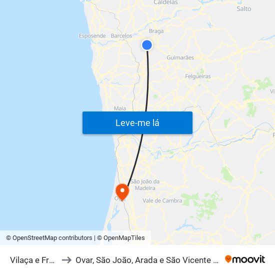 Vilaça e Fradelos to Ovar, São João, Arada e São Vicente de Pereira Jusã map