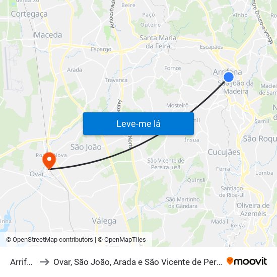 Arrifana to Ovar, São João, Arada e São Vicente de Pereira Jusã map