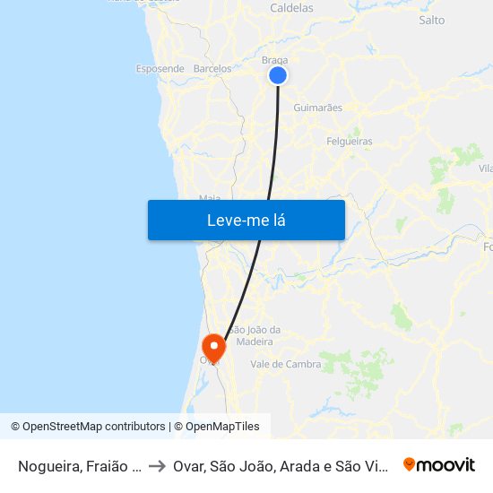 Nogueira, Fraião e Lamaçães to Ovar, São João, Arada e São Vicente de Pereira Jusã map