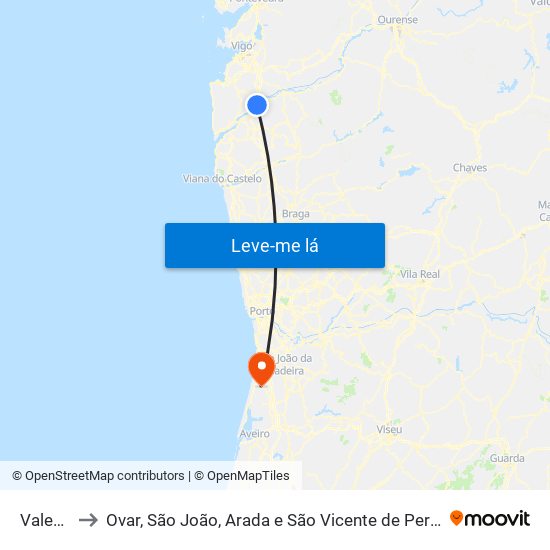 Valença to Ovar, São João, Arada e São Vicente de Pereira Jusã map