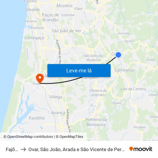 Fajões to Ovar, São João, Arada e São Vicente de Pereira Jusã map