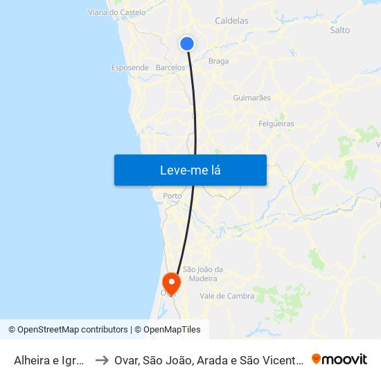 Alheira e Igreja Nova to Ovar, São João, Arada e São Vicente de Pereira Jusã map