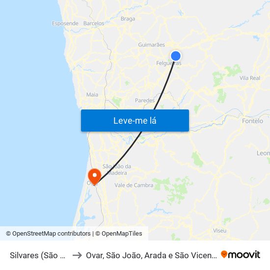 Silvares (São Martinho) to Ovar, São João, Arada e São Vicente de Pereira Jusã map
