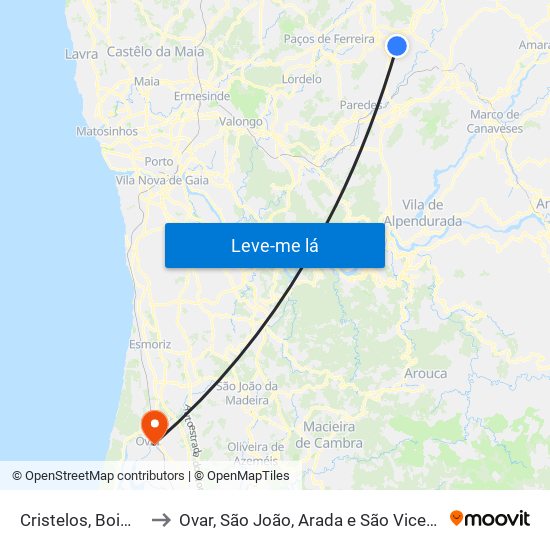 Cristelos, Boim e Ordem to Ovar, São João, Arada e São Vicente de Pereira Jusã map