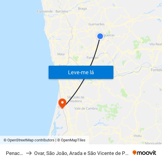 Penacova to Ovar, São João, Arada e São Vicente de Pereira Jusã map