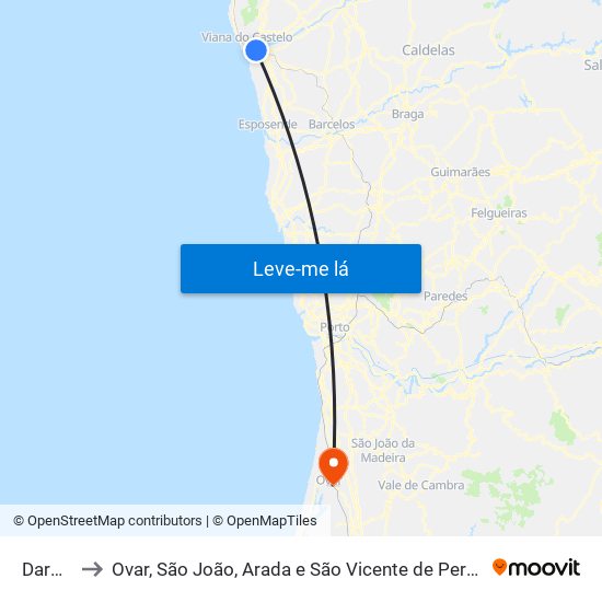 Darque to Ovar, São João, Arada e São Vicente de Pereira Jusã map