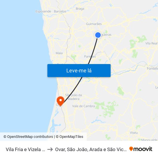 Vila Fria e Vizela (São Jorge) to Ovar, São João, Arada e São Vicente de Pereira Jusã map