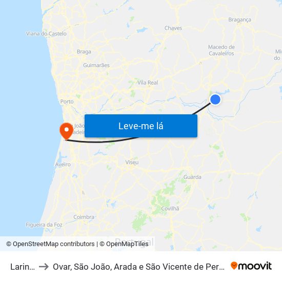 Larinho to Ovar, São João, Arada e São Vicente de Pereira Jusã map