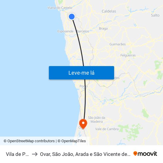 Vila de Punhe to Ovar, São João, Arada e São Vicente de Pereira Jusã map