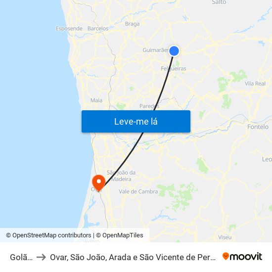 Golães to Ovar, São João, Arada e São Vicente de Pereira Jusã map