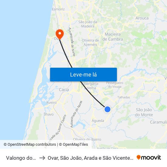Valongo do Vouga to Ovar, São João, Arada e São Vicente de Pereira Jusã map