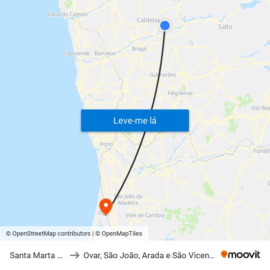 Santa Marta do Bouro to Ovar, São João, Arada e São Vicente de Pereira Jusã map